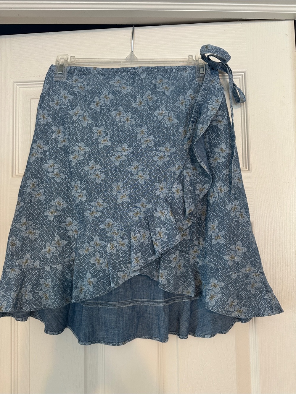 Blue High-Lo Floral Wrap Skirt with Ruffle Trim
